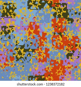 Seamless texture. Spring colors. Chaos of holey squares. Seven pointed stars.