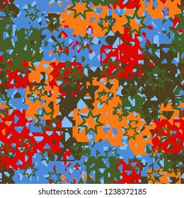 Seamless texture. Spring colors. Chaos of holey squares. Seven pointed stars.