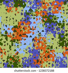 Seamless texture. Spring colors. Chaos of holey squares. Seven pointed stars.