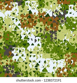 Seamless texture. Spring colors. Chaos of holey squares. Seven pointed stars.