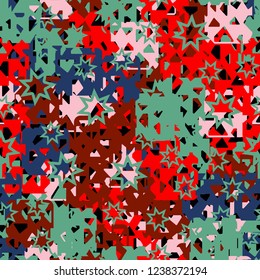 Seamless texture. Spring colors. Chaos of holey squares. Seven pointed stars.