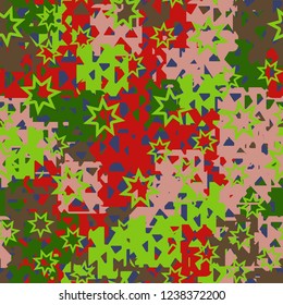 Seamless texture. Spring colors. Chaos of holey squares. Seven pointed stars.