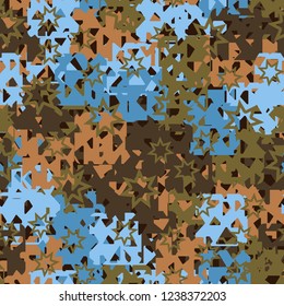 Seamless texture. Spring colors. Chaos of holey squares. Seven pointed stars.