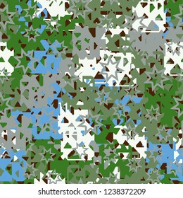 Seamless texture. Spring colors. Chaos of holey squares. Seven pointed stars.