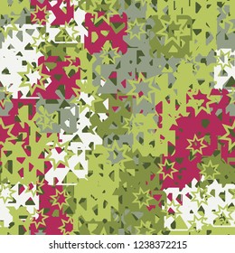 Seamless texture. Spring colors. Chaos of holey squares. Seven pointed stars.