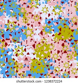 Seamless texture. Spring colors. Chaos of holey squares. Seven pointed stars.