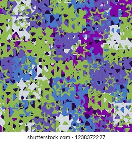 Seamless texture. Spring colors. Chaos of holey squares. Seven pointed stars.