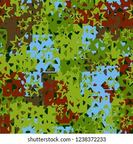 Seamless texture. Spring colors. Chaos of holey squares. Seven pointed stars.