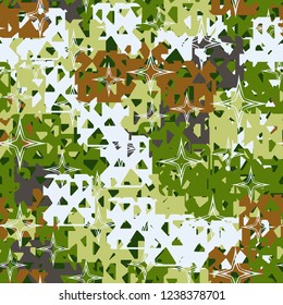 Seamless texture. Spring colors. Chaos of holey squares. A scattering of four-beam stars.