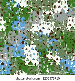 Seamless texture. Spring colors. Chaos of holey squares. A scattering of four-beam stars.