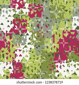 Seamless texture. Spring colors. Chaos of holey squares. A scattering of four-beam stars.