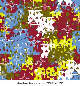 Seamless texture. Spring colors. Chaos of holey squares. A scattering of four-beam stars.