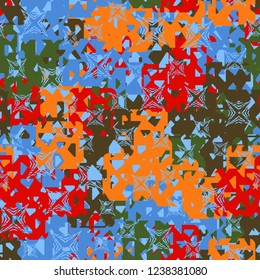 Seamless texture. Spring colors. Chaos of holey squares. Scratched four-beam stars.