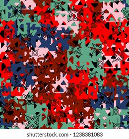 Seamless texture. Spring colors. Chaos of holey squares. Scratched four-beam stars.