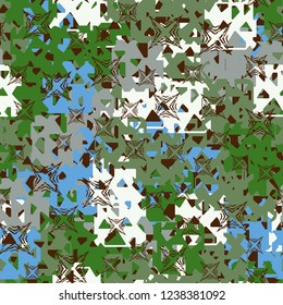 Seamless texture. Spring colors. Chaos of holey squares. Scratched four-beam stars.