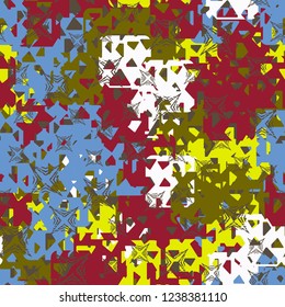 Seamless texture. Spring colors. Chaos of holey squares. Scratched four-beam stars.