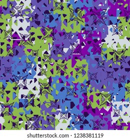 Seamless texture. Spring colors. Chaos of holey squares. Scratched four-beam stars.