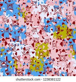 Seamless texture. Spring colors. Chaos of holey squares. Scratched four-beam stars.