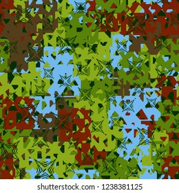 Seamless texture. Spring colors. Chaos of holey squares. Scratched four-beam stars.