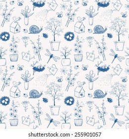 Seamless texture with  spring doodle sketch elements: flowers, gardener's tool, bugs, spring trees, bird's nests with eggs. Can be used for wallpaper, pattern fills, textile, web page background