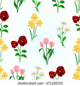 Seamless texture spring flowers Daffodils ,Pansies,Tulips and daisies vintage vector botanical illustration hand draw editable
