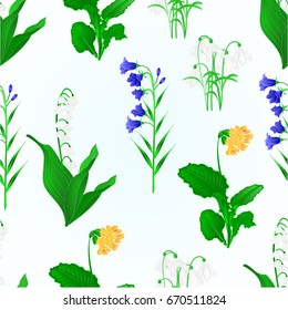 Seamless texture spring flowers lily of the valley ,snowdrops,bluebell  campanula and primrose vintage vector botanical illustration editable hand draw 