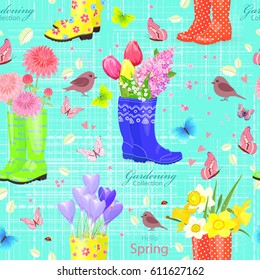 seamless texture with spring flowers in rubber shoes.