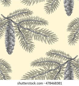 Seamless texture Spruce branch with cone as vintage engraving Vector illustration