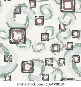 Seamless texture of squares and curls. Chaotic pattern. Funny background.
