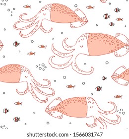 Seamless texture with squids and hand drawn elements. Childish sea background, drawing with line-art. Eps10 vector.