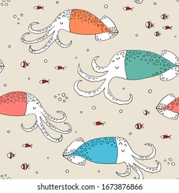 Textura transparente con calamares y elementos dibujados a mano. Fondo marino infantil, dibujo con arte lineal, vector Eps10.