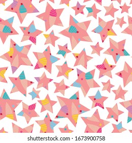 Seamless texture stars with ice cream illustration on pink