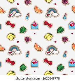 Seamless texture with stickers, wallpaper, abstract background with labels 
