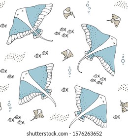 Seamless texture with stingrays and hand drawn elements. Childish sea background, drawing with line-art. Eps10 vector.