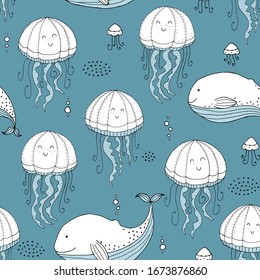 Seamless texture with stingrays and hand drawn elements. Childish sea background, drawing with line-art. Eps10 vector.