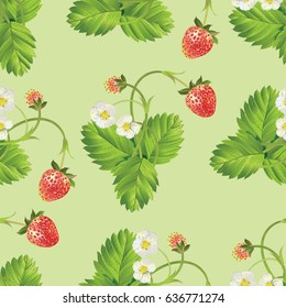 Seamless texture of Strawberry with leave, water drops and flowers. Vector realistic illustration. Design for grocery, farmers market, fabric, summer garden design element.