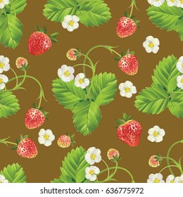 Seamless texture of Strawberry with leave, water drops and flowers. Vector realistic illustration. Design for grocery, farmers market, fabric, summer garden design element.