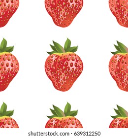 Seamless texture of Strawberry with leave, water drops and flowers. Vector realistic illustration. Design for grocery, farmers market, fabric, summer garden design element.