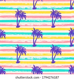 Seamless texture striped pattern with blue palm trees. Summer background. Holiday backdrop. Vector illustration. For fabric textile, print for clothes, bag. Funny banner.