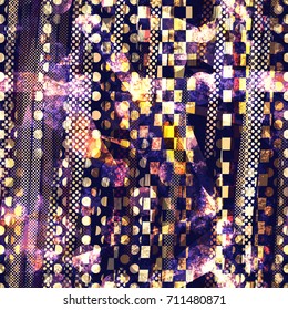 Seamless texture. Stripes, dots and squares. Violet, beige, yellow colors. Urban repeatable backdrop for boys, sport design, textile, wrapping paper, web page, advertising booklets, banners
