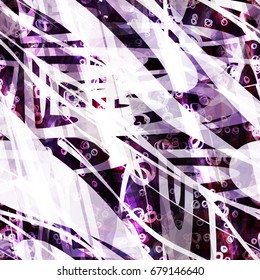 Seamless texture from strokes, curved stripes. Black, white, purple colors. Abstract vector pattern for fabric, wrapping, home decor, banner backdrop.