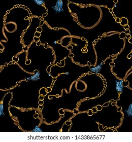 Seamless texture in the style of the 80s from belts and golden chains, jewelry, metal pendants. Print for trendy fabrics, printing, advertising.