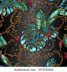 Seamless texture in the style of the 80s from belts and golden chains, jewelry, metal pendants with tropical leaves monstera and palm trees on leopard background. Print for trendy fabrics, printing.