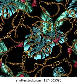 Seamless texture in the style of the 80s from belts and golden chains, jewelry, metal pendantswith tropical leaves monstera and palm trees. Print for trendy fabrics, printing, advertising.