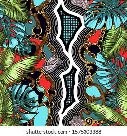 Seamless texture in the style of the 80's from belts and golden chains, jewelry, metal pendants with tropical leaves monstera and palm trees. Print for trendy fabrics, printing, advertising.