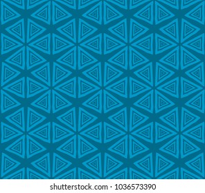 seamless texture in the style of hendmeyd linear triangles forming flowers and sockets, the effect of illusion.(the blue color scheme)