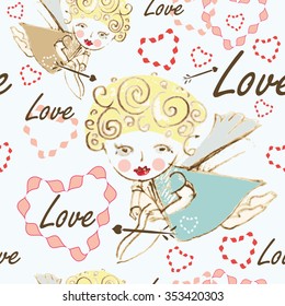 Seamless texture with stylized angels on light blue background with hearts and signs