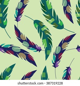 Seamless texture with stylized blue and green feathers on light gray background
