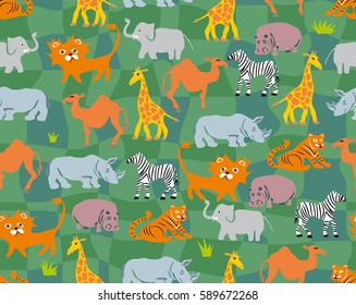 Seamless texture with stylized images of animals living in Africa