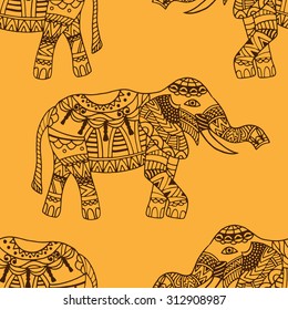 seamless texture with stylized patterned elephants in Indian style. Vector background